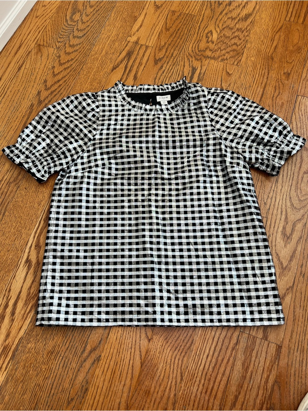 J. Crew Black and Silver Gingham Puff Sleeve Top